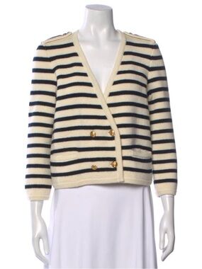 Celine Cream and Navy Striped V-Neck Double-Breasted Cardigan